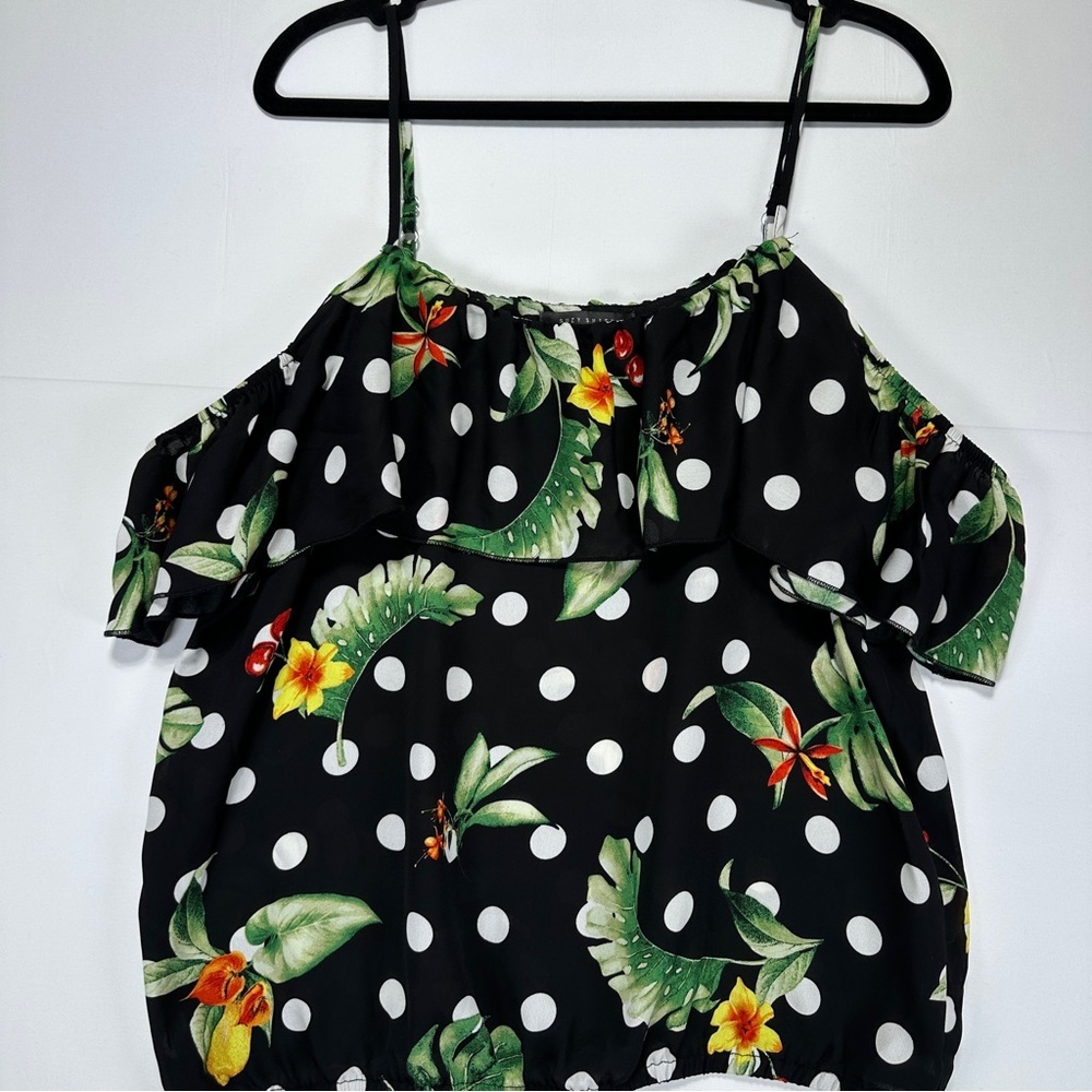 Suzy Shier Cold Shoulder Blouse Tropical Polka Dot Ruffle Black Green Size L NWT